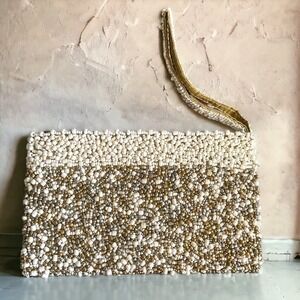 Beaded Zipper Close Clutch Bag With Handle White Beige Gold Beads Bali Unmarked